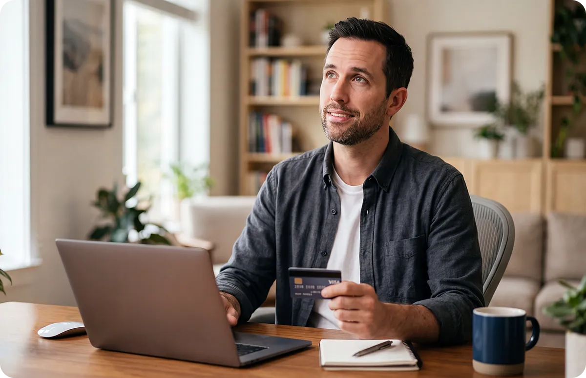 Man sitting at a desk with a laptop, holding a credit card and looking up thoughtfully in a cozy home office.