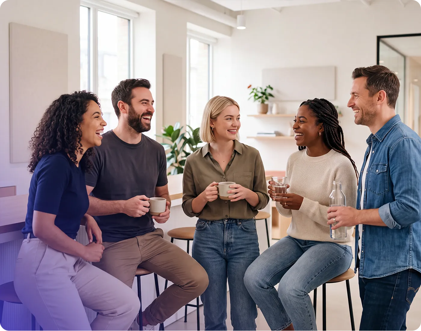 Group of coworkers standing and sitting in a modern office kitchen, laughing and chatting while holding coffee and water.