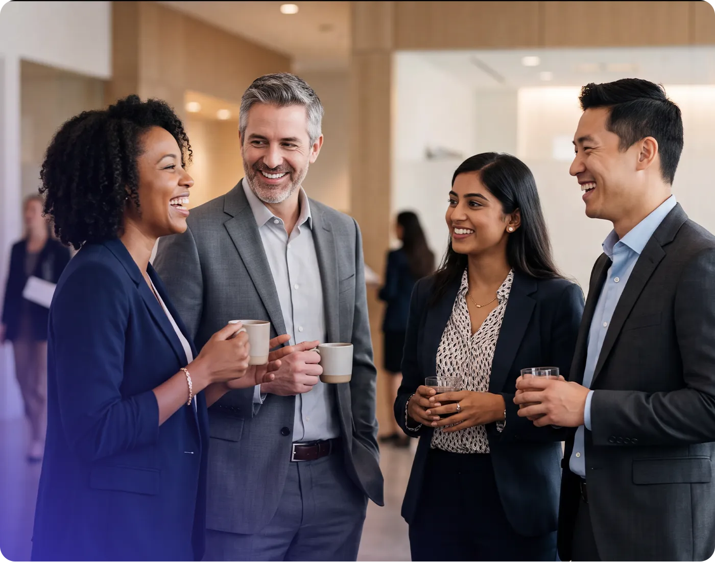 Four business professionals in suits stand together indoors, smiling and talking while holding coffee and water during a networking break.