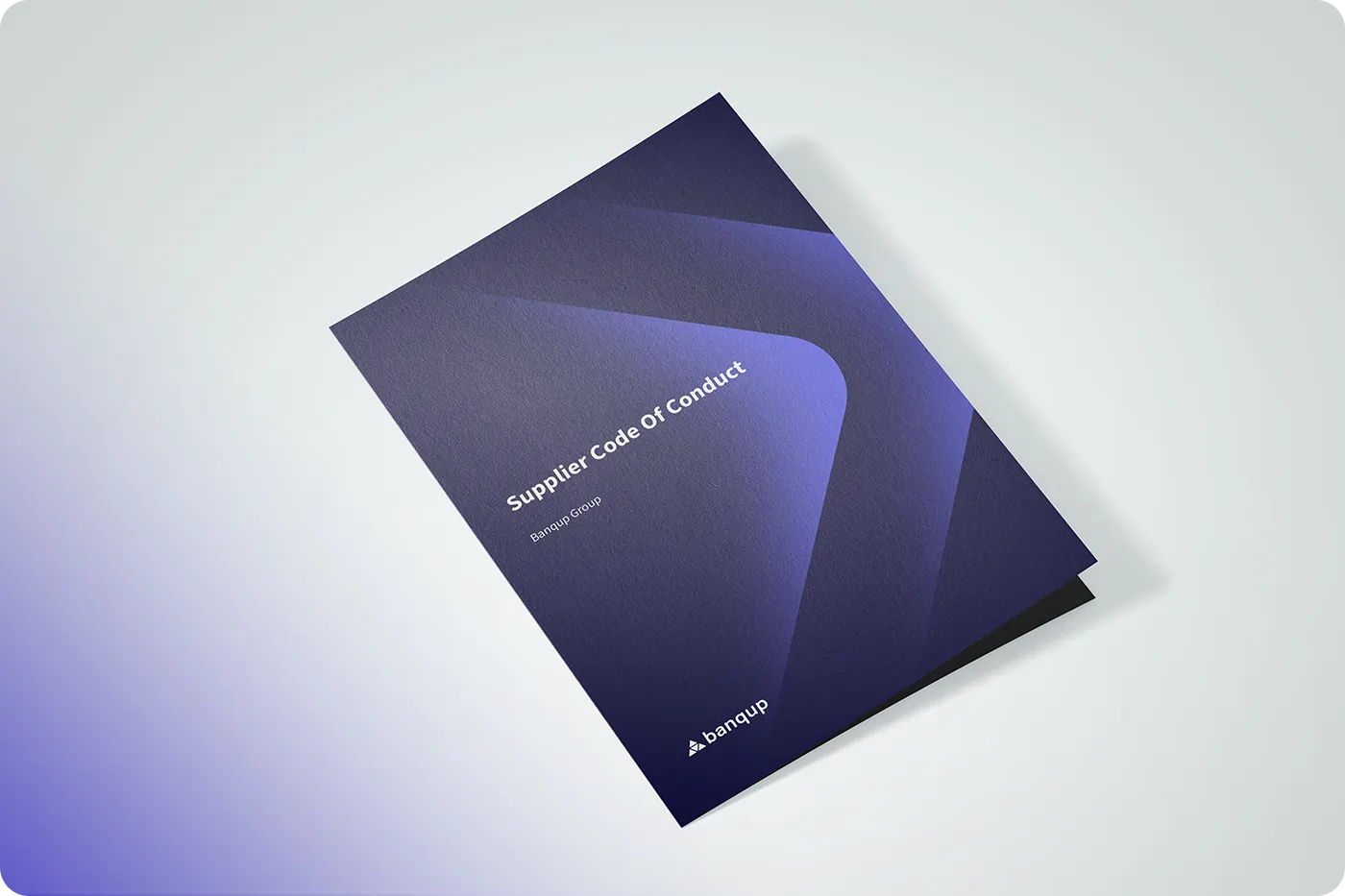 Dark blue “Supplier Code of Conduct” booklet for Banqup Group on a light gradient background, shown at a slight angle.