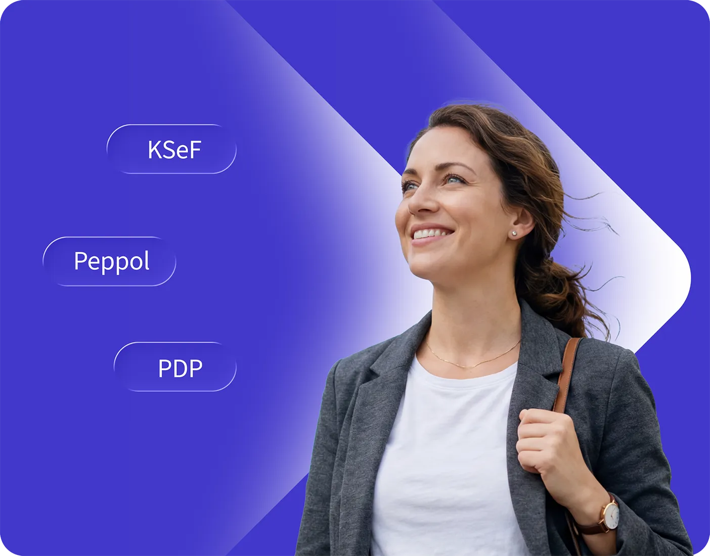 Smiling woman in business attire looks upward on a blue gradient background with floating buttons labeled KSeF, Peppol, and PDP.